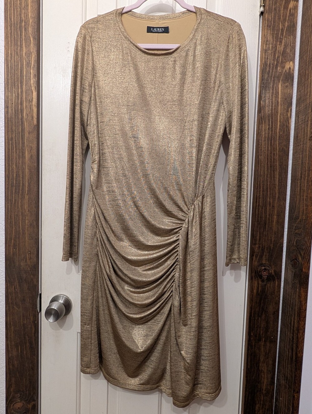 Gold Sparkle Bodycon Ralph Lauren Dress Size Medium Glitter Knee Length LS